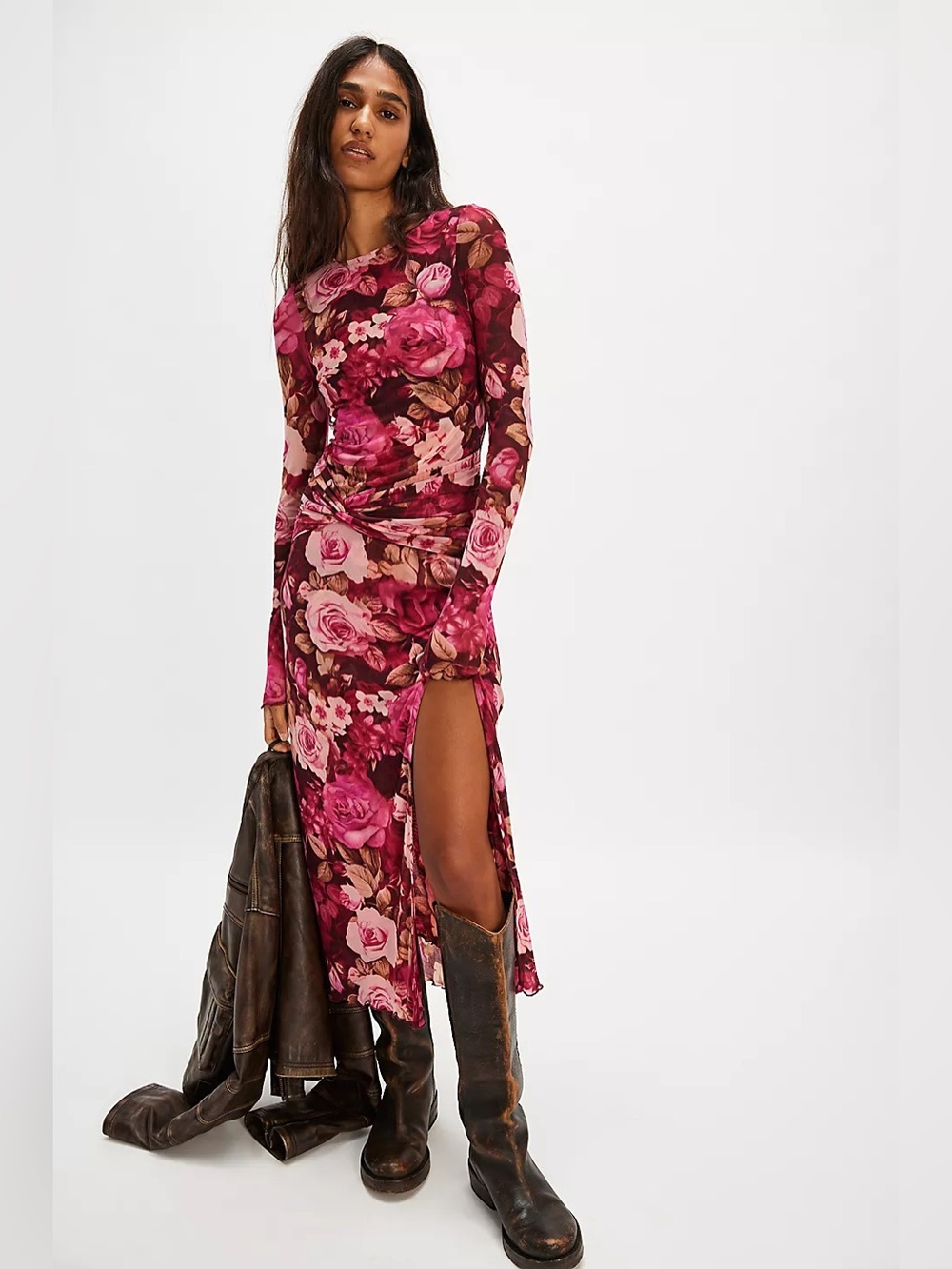 Free People Pink Floral Mesh Gianni Midi Maxi Dress Long Sleeve Ruched Slit XS